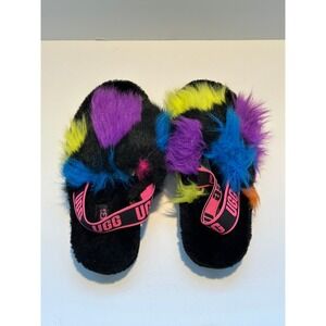 UGG Fluff Yeah Slide Slippers Rainbow Fur Black Pink Logo Womens Size 8